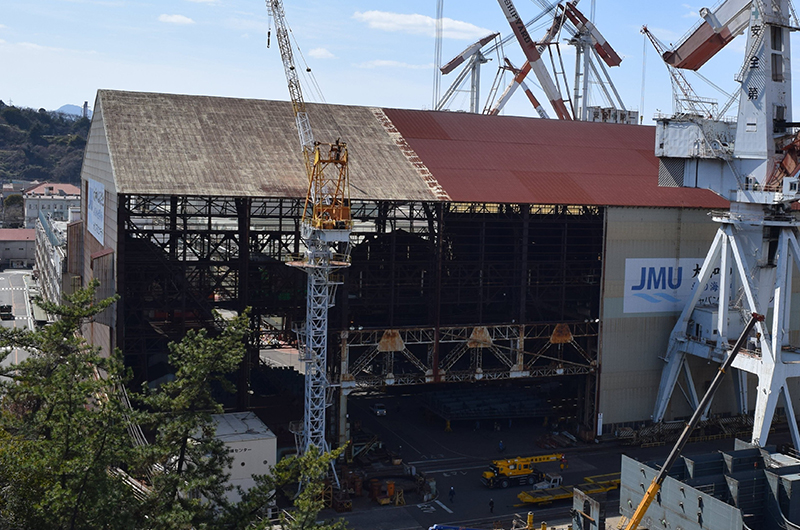 戦艦大和の建造を様子を隠した大屋根=広島県呉市昭和町、ジャパンマリンユナイテッド呉事業所で、2024年2月27日撮影