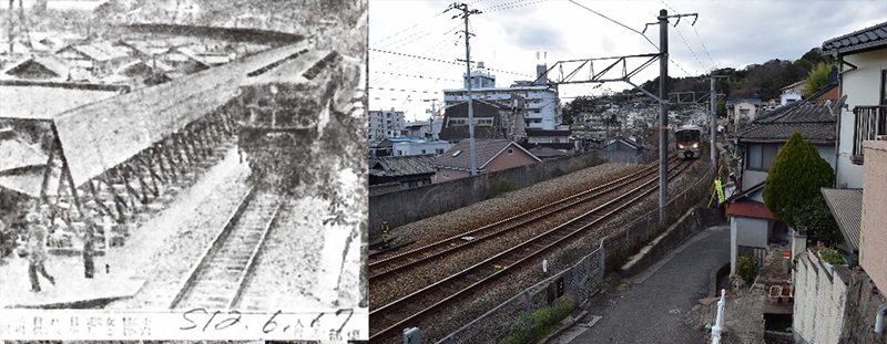 左は、鉄道の呉線で港側に高塀を張り巡らした様子を伝える1937(昭和12)年)年6月17日付朝日新聞の写真➁ 右は、左写真と同じ場所の現在＝広島県呉市西塩屋町で2024年2月26日撮影